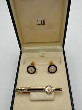 Dunhill Gold plated tie pin & cufflinks Mother of Pearl Black Laquer